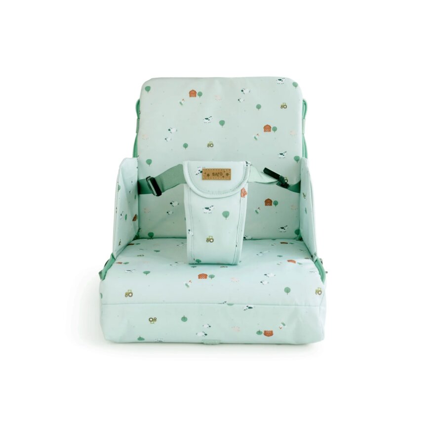 Saro Baby Scaun de masa portabil Funny Farm 2 in 1 design multifunctional geanta de mana centura de siguranta