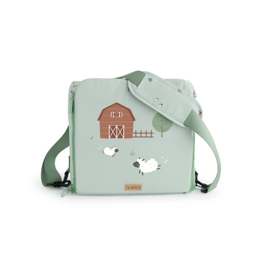 Saro Baby Scaun de masa portabil Funny Farm 2 in 1 design multifunctional geanta de mana centura de siguranta