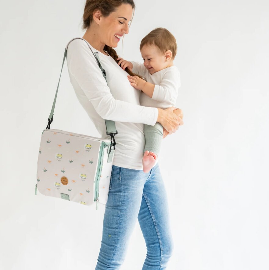 Saro Baby Scaun de masa portabil Funny Farm 2 in 1 design multifunctional geanta de mana centura de siguranta