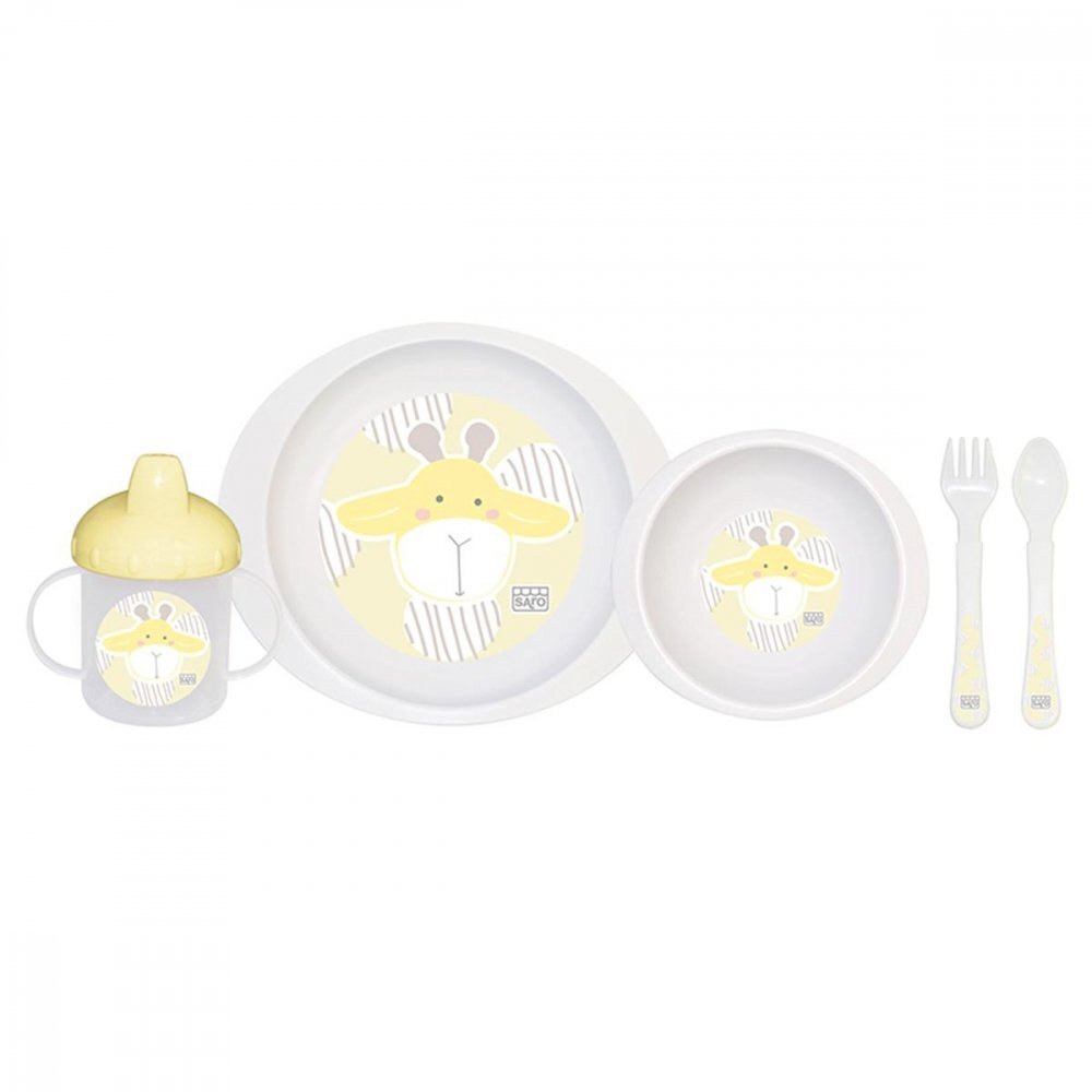 Saro Baby Set complet de masa cu 5 piese Giraffe Party mustard