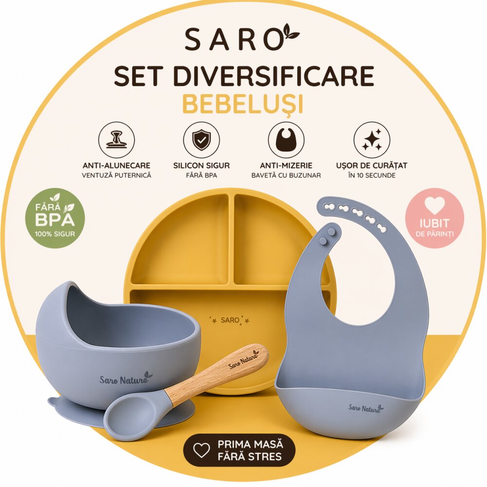 Saro Baby Set diversificare bebelusi Saro Mustar-Albastru farfurie din silicon bol cu ventuza baveta lingurita ergonomica si cana pentru antrenament