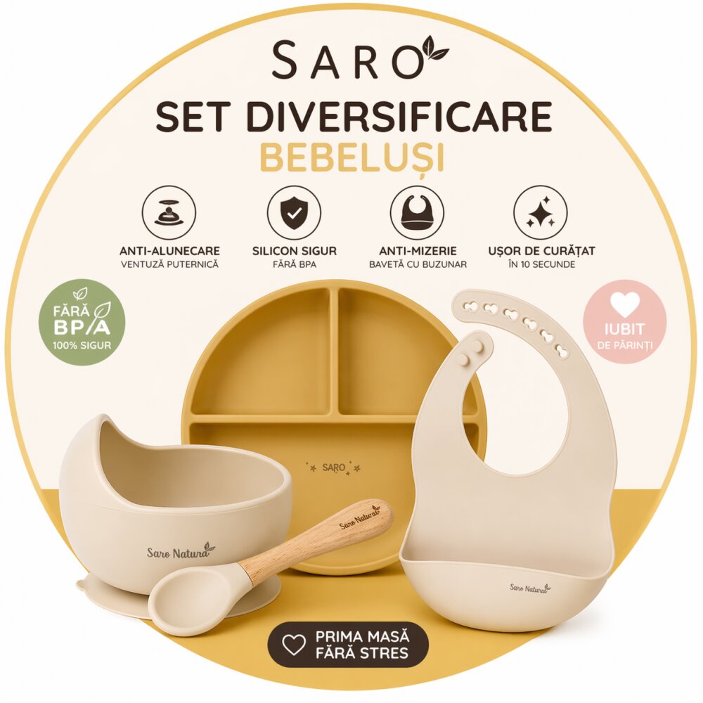 Saro Baby Set diversificare bebelusi Saro Mustar-Bej farfurie din silicon bol cu ventuza baveta lingurita ergonomica si cana pentru antrenament