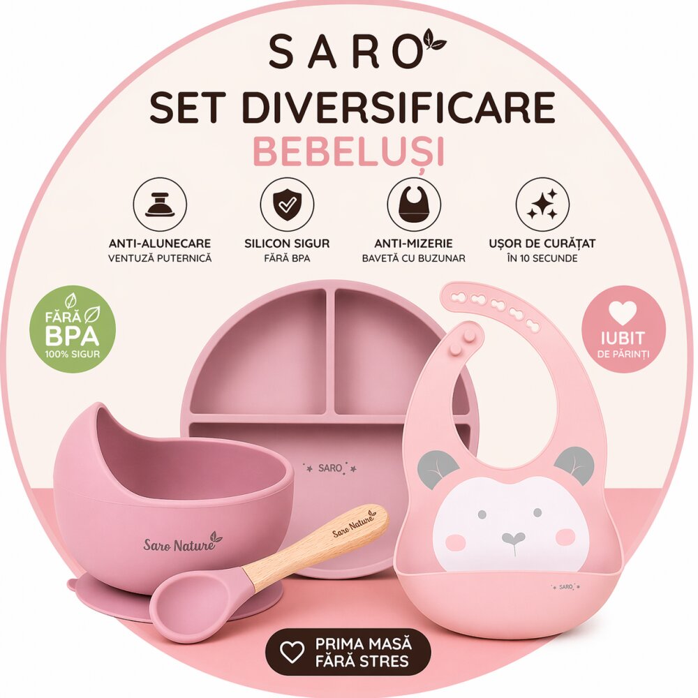 Saro Baby Set diversificare bebelusi Saro Roz farfurie din silicon bol cu ventuza baveta lingurita ergonomica