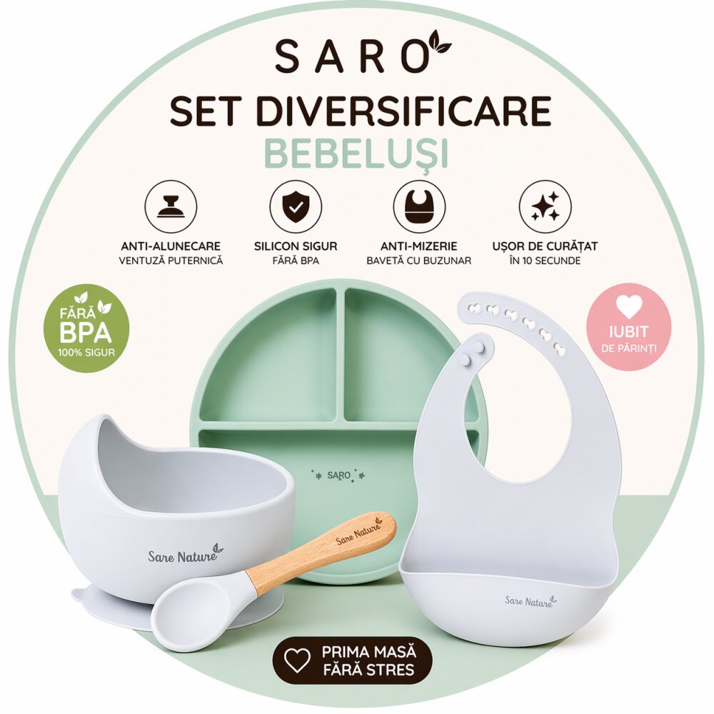 Saro Baby Set diversificare bebelusi Saro Verde-Alb farfurie din silicon bol cu ventuza baveta lingurita ergonomica