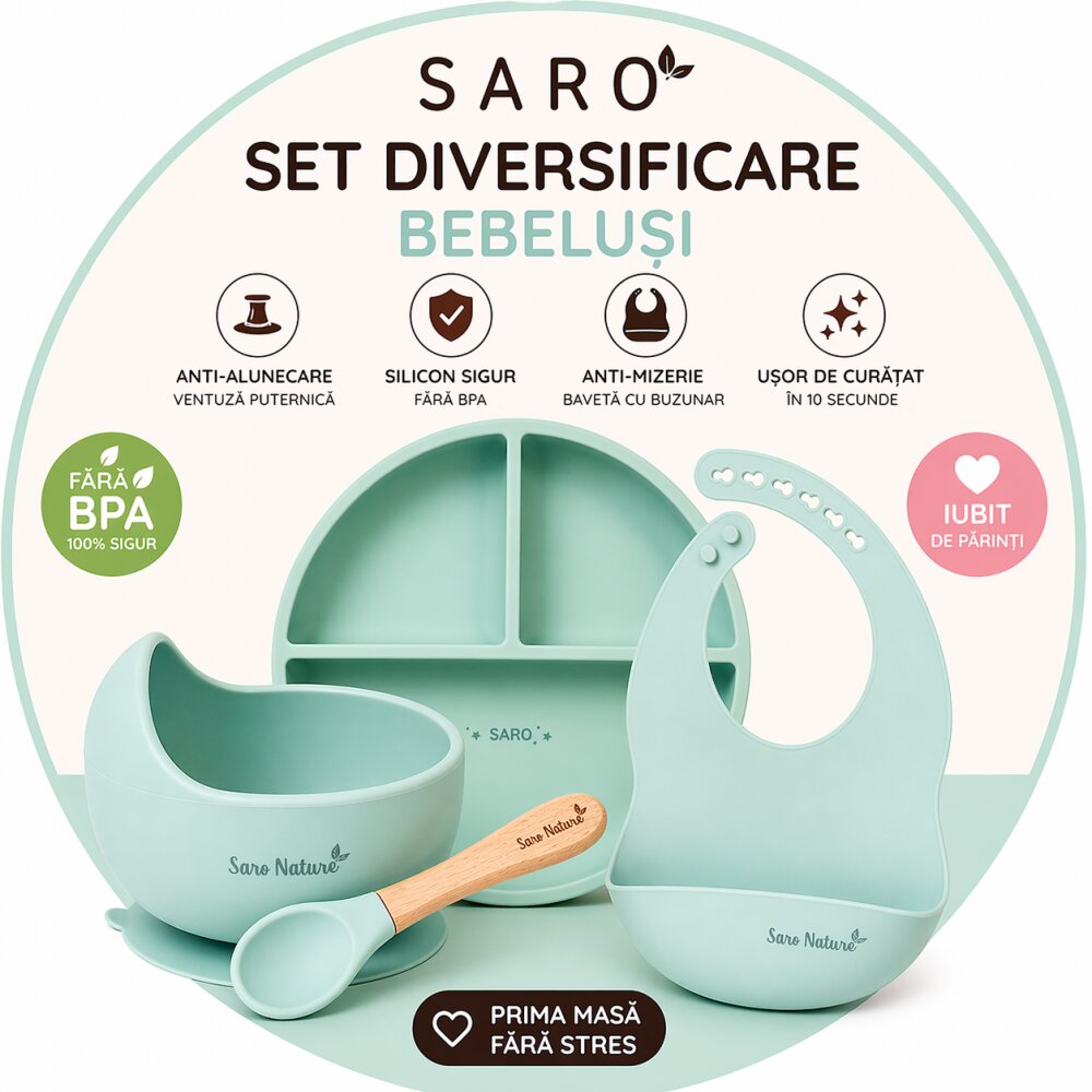 Saro Baby Set diversificare bebelusi Saro Verde farfurie din silicon bol cu ventuza baveta lingurita ergonomica si cana pentru antrenament