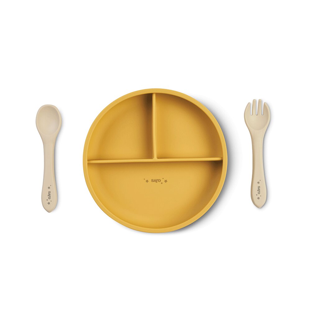 Saro Baby Set diversificare cu 4 piese din silicon Food Fun mustard