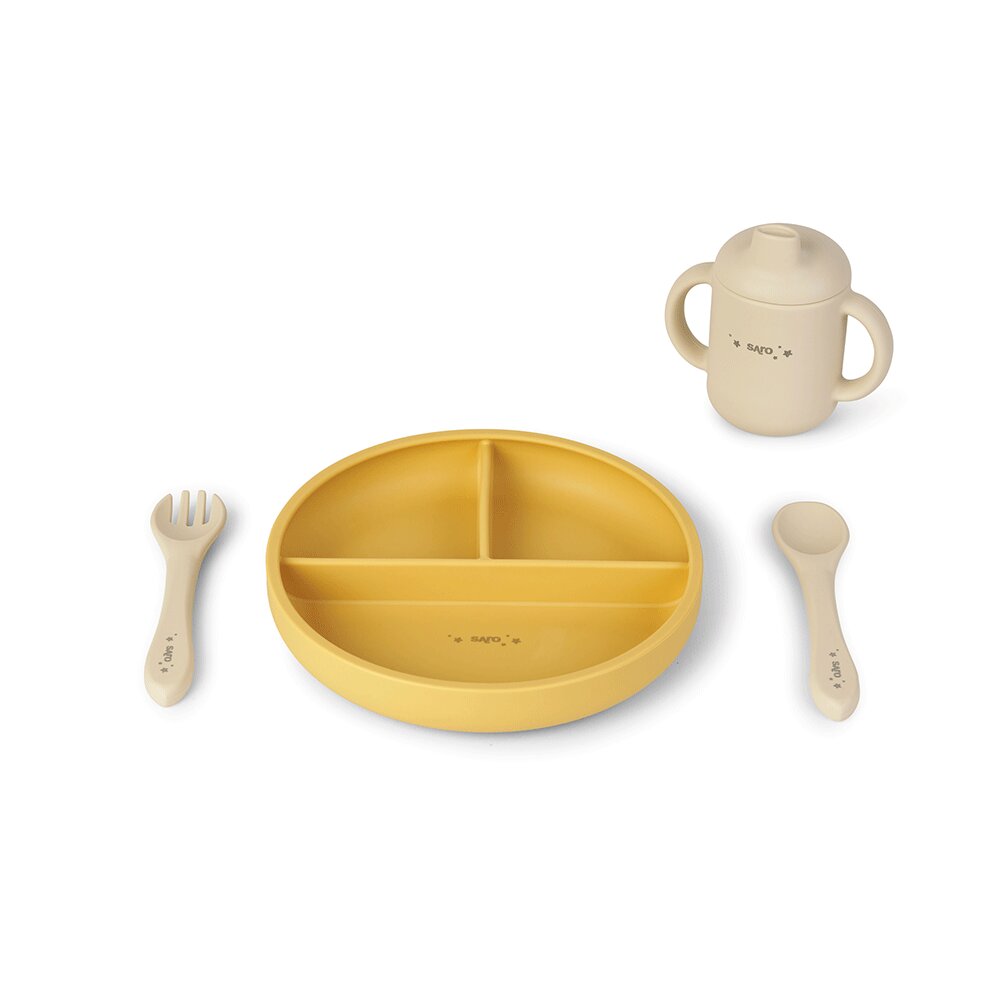 Saro Baby Set diversificare cu 4 piese din silicon Food Fun mustard