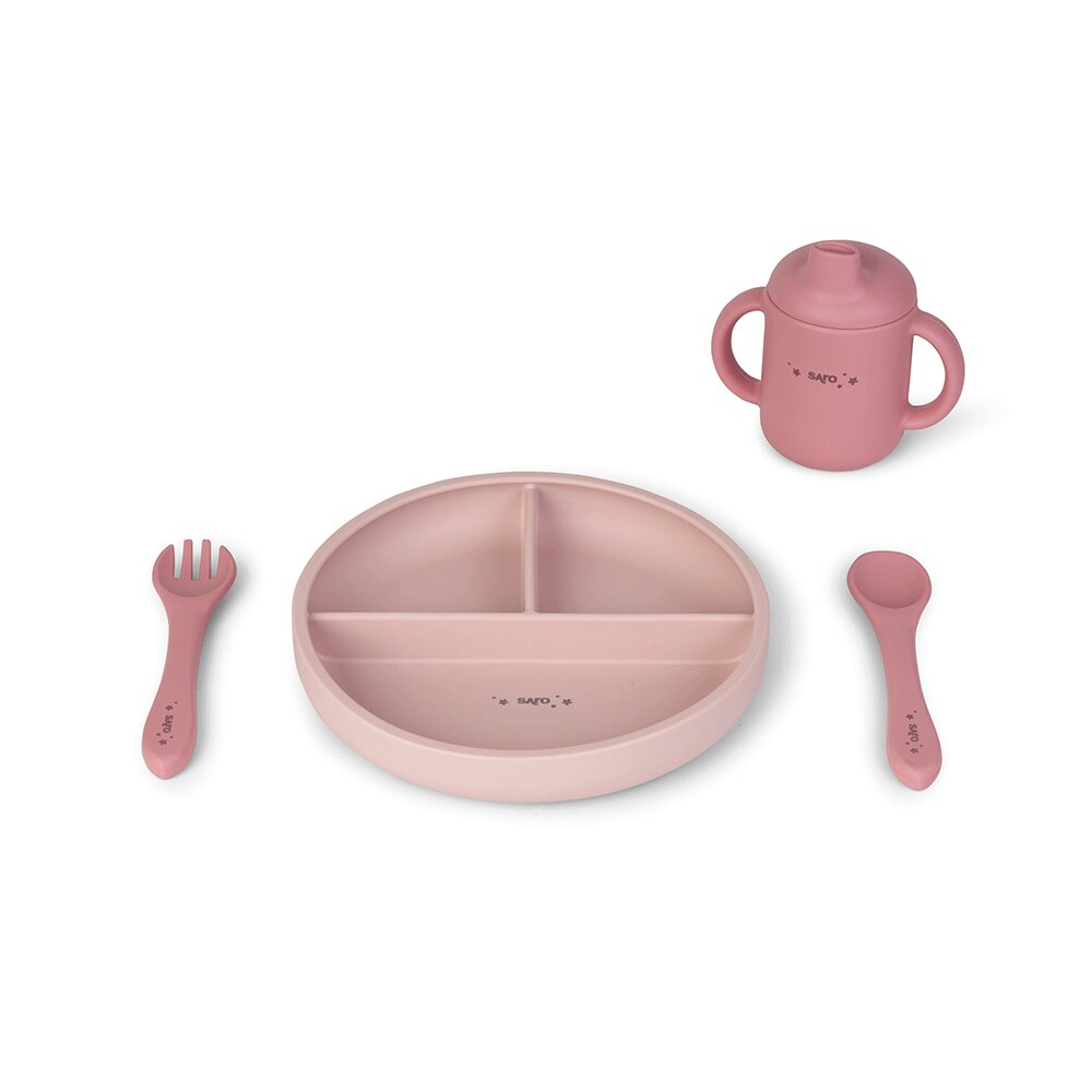 Saro Baby Set diversificare cu 4 piese din silicon Food Fun pink