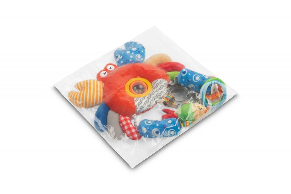 Sensillo Jucarie de plus pentru caruciorpatut Funny Crab cu zornaitoarefosnait si inele de dentitie realizata din material plusatagatatoare practica