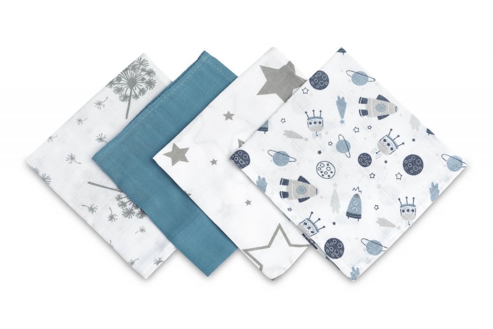 Sensillo Set 4 mini prosopele Spit Up Blue 35x35 cm din muselinatesatura din bumbac delicat