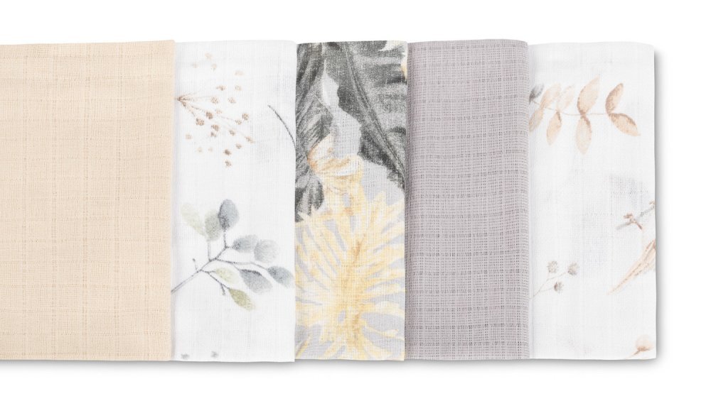 Sensillo Set 5 scutece multifunctionale Floral Grey 70x80 cm din muselina 100 bumbacsuprafata texturata moale si absorbanta