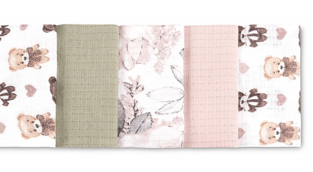 Sensillo Set 5 scutece multifunctionale Teddy Pink 70x80 cm din muselina 100 bumbacsuprafata texturatamoale si absorbanta