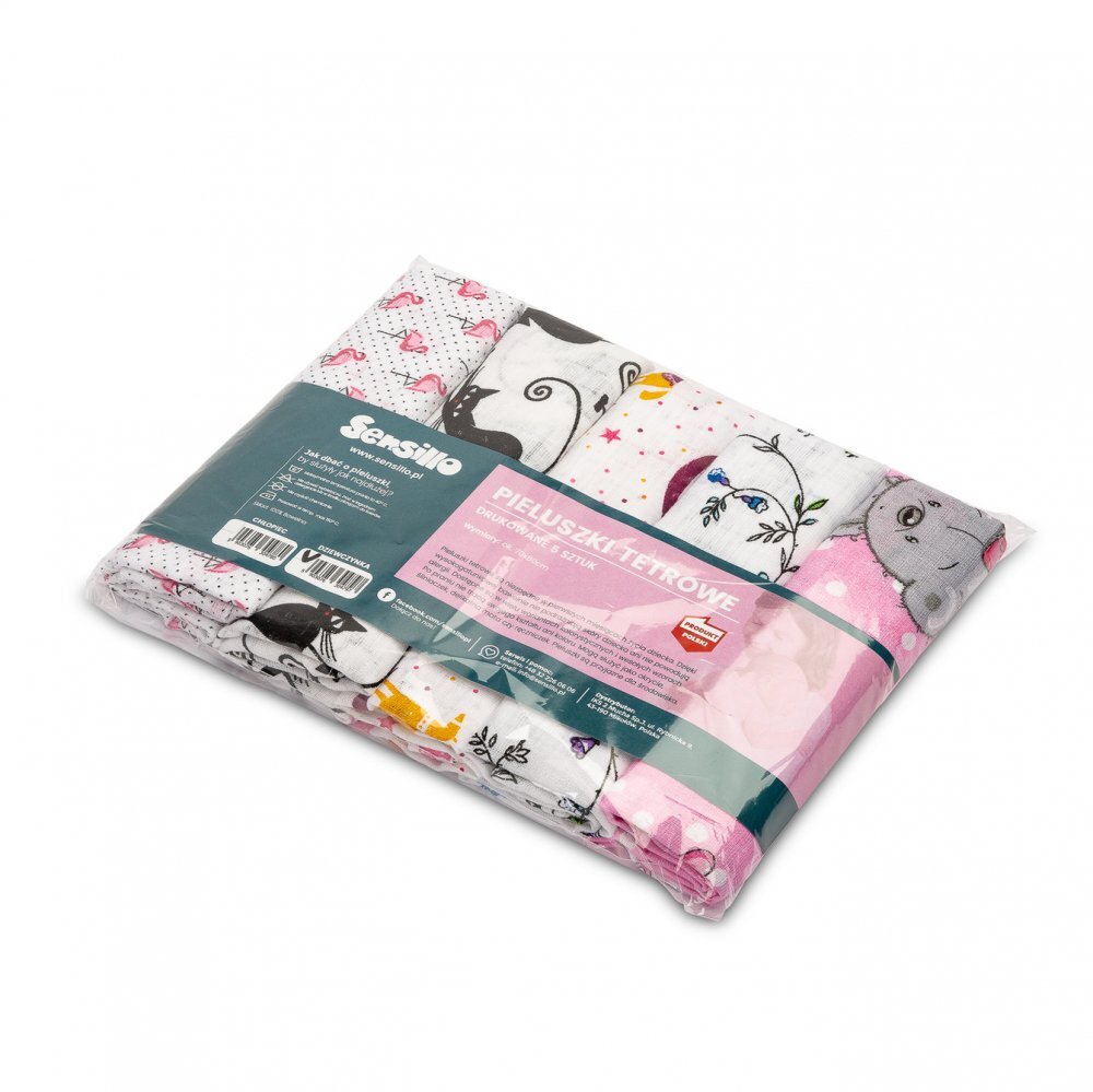Sensillo Set 5 scutece tetra Girl 70x80 cmdin bumbac ecologic cu imprimeu coloratabsorbante si moi