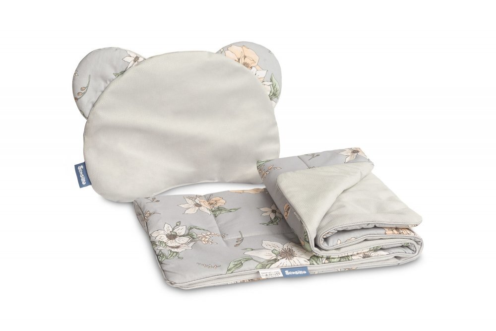 Sensillo Set pernuta si pilota pentru caruciorlandoupatut copii Lily Grey cu doua fete bumbaccatifea Umplutura silicon lyocell antialergic Perna cu urechiuse Recomandat de la nastere