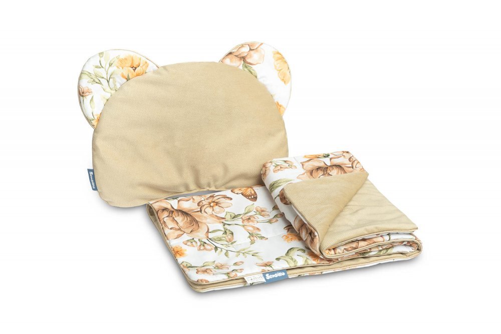 Sensillo Set pernuta si pilota pentru caruciorlandoupatut copii Teddy Square Beige cu doua fete bumbaccatifea Umplutura silicon lyocell antialergic Perna cu urechiuse Recomandat de la nastere