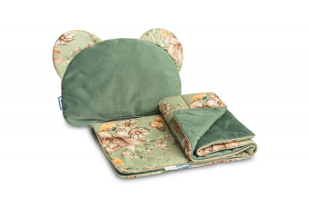 Sensillo Set pernuta si pilota pentru caruciorlandoupatut copii Velvet Green cu doua fete bumbaccatifea umplutura silicon lyocell antialergic perna cu urechiuse recomandat de la nastere
