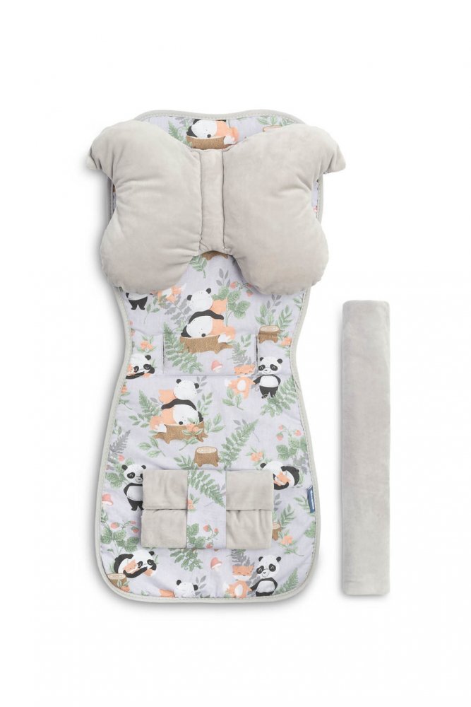 Sensillo Set salteapernuta flutureprotectii centuri si bara protectie pentru carucior copii Panda and Foxcompatibilitate universalareversibilmaterial Fleece premiumBumbacumplutura antialergicaorificii centuri