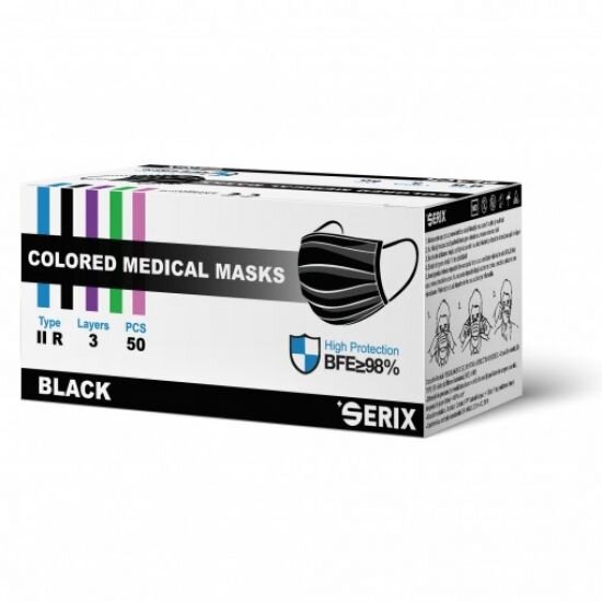 Serix Masca medicala de unica folosinta Tip IIR Neagra 3 pliuri 50 bucati
