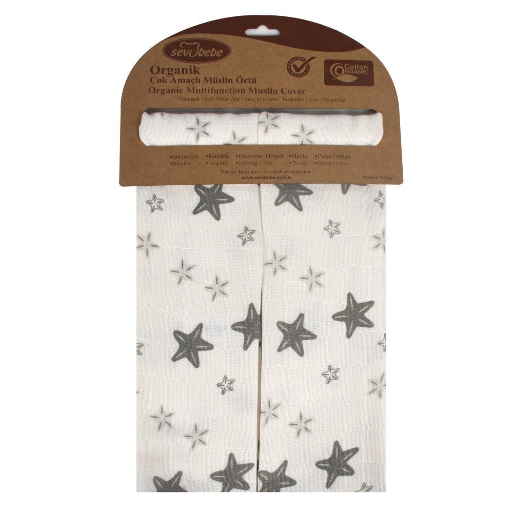 SeviBebe Set 2 museline din bumbac organic Grey Stars 70x55cm