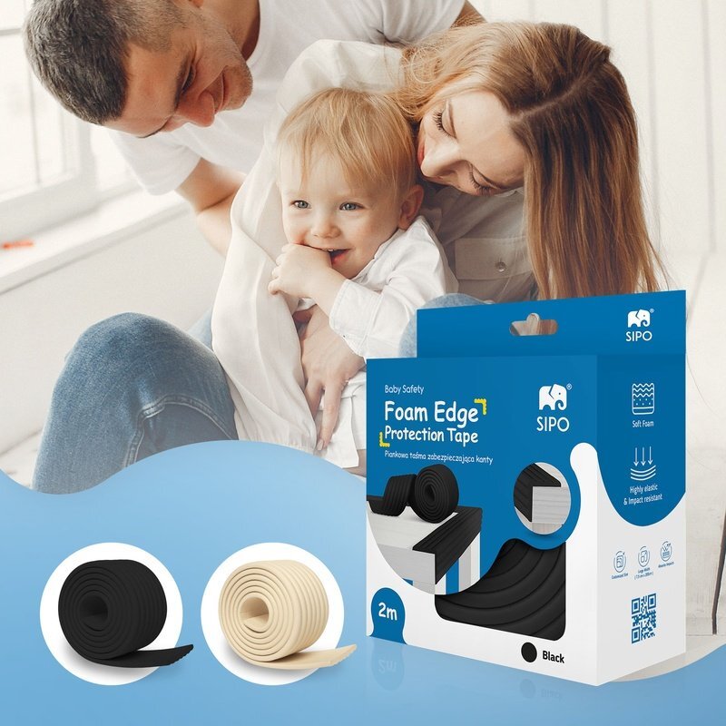 Sipo Banda protectie colturi mobila burete moale 2 metri latime 75 mm Negru