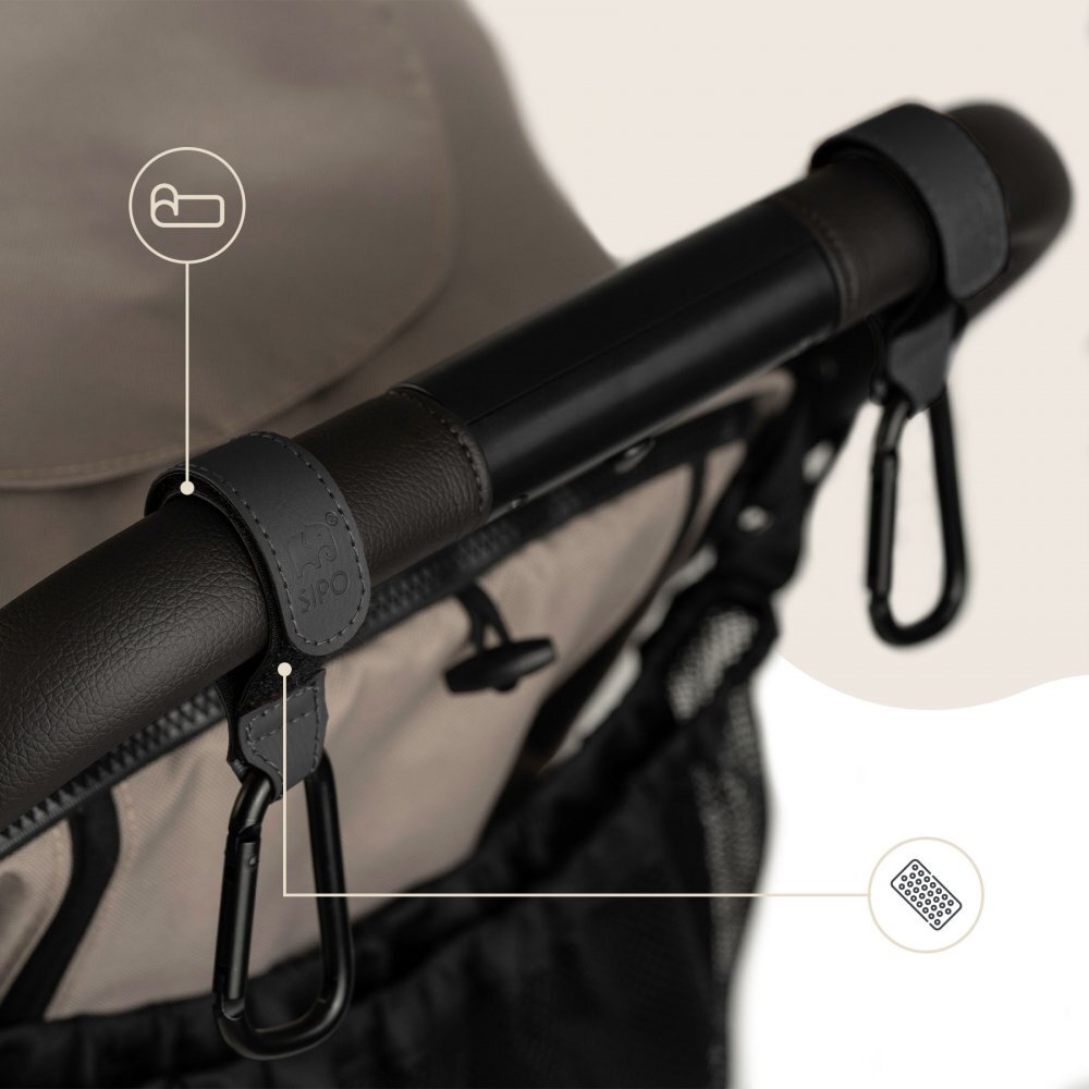Sipo Set 2 carlige universale din piele ecologica neagra pentru carucior