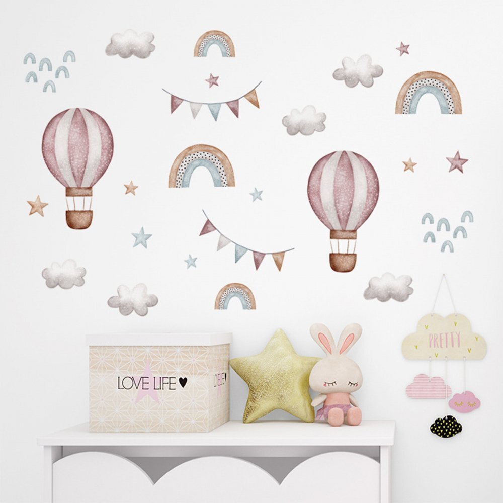 Sipo Sticker decorativ pentru copii autoadeziv baloane colorate curcubeu si stele 86x64 cm