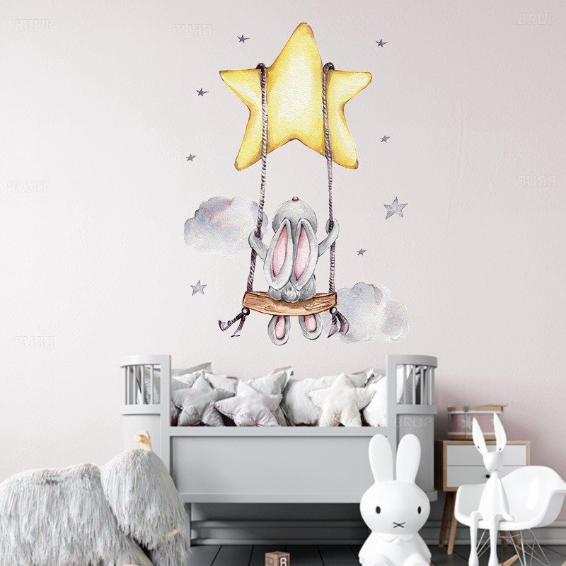 Sipo Sticker decorativ pentru copii autoadeziv Iepuras pe leagan 70x49 cm