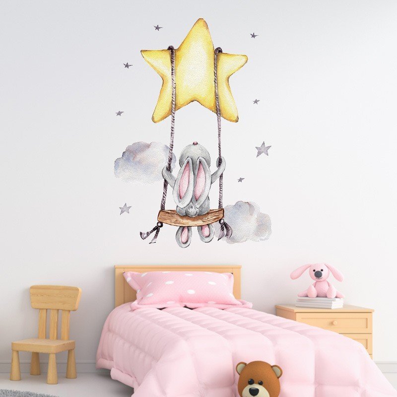 Sipo Sticker decorativ pentru copii autoadeziv Iepuras pe leagan 70x49 cm