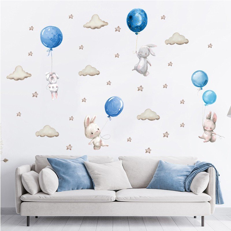 Sipo Sticker decorativ pentru copii autoadeziv Iepurasi cu baloane albastru 70x49 cm