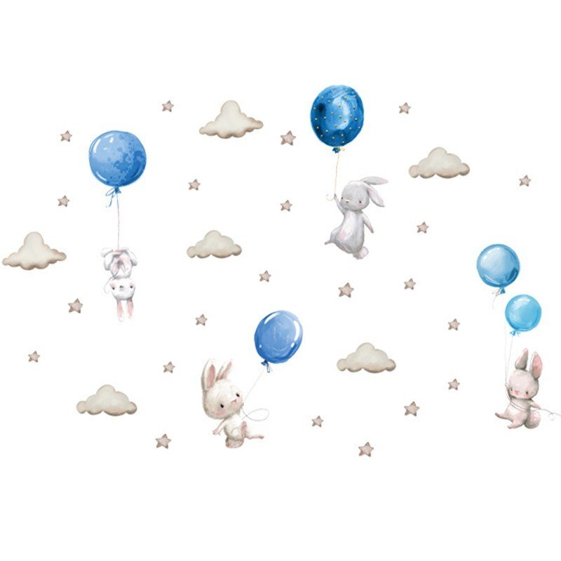 Sipo Sticker decorativ pentru copii autoadeziv Iepurasi cu baloane albastru 70x49 cm