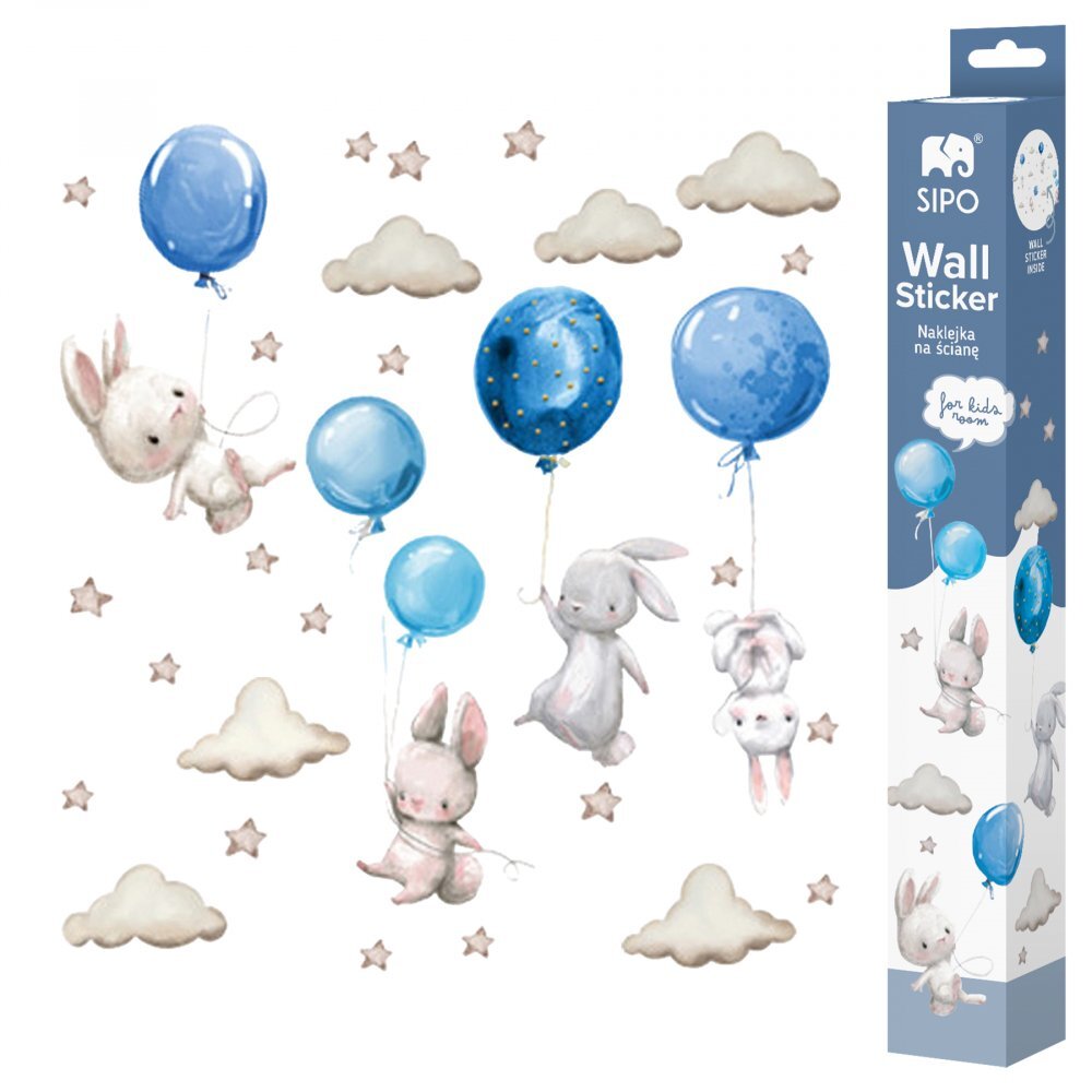 Sipo Sticker decorativ pentru copii autoadeziv Iepurasi cu baloane albastru 70x49 cm