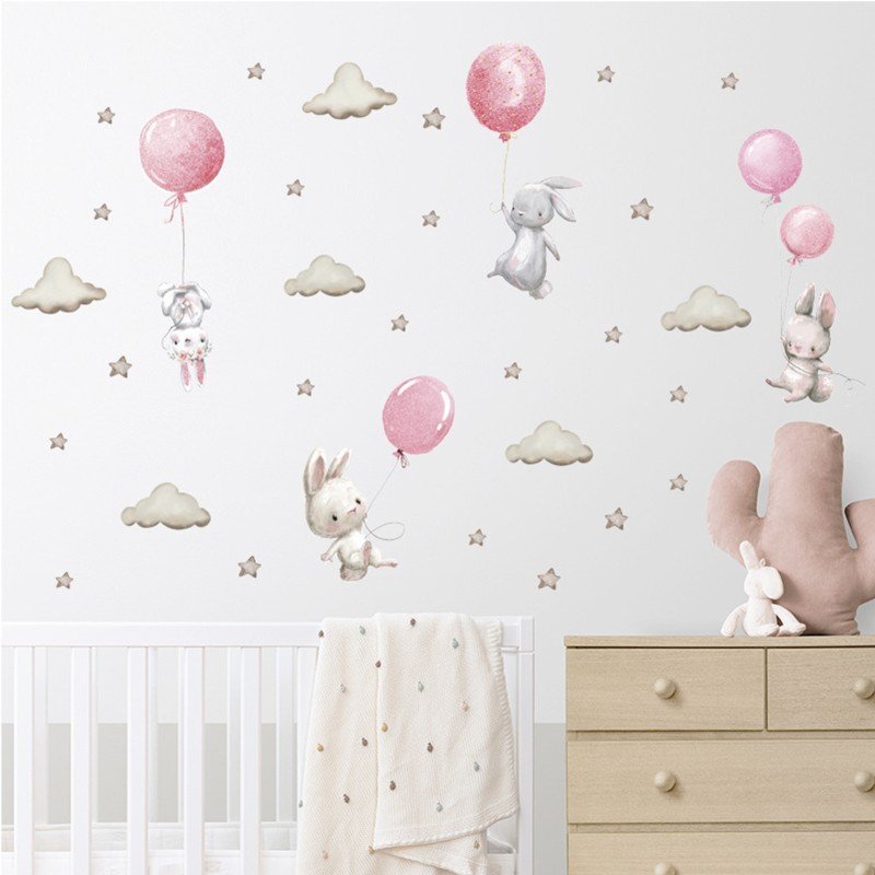 Sipo Sticker decorativ pentru copii autoadeziv Iepurasi cu baloane roz 70x49 cm