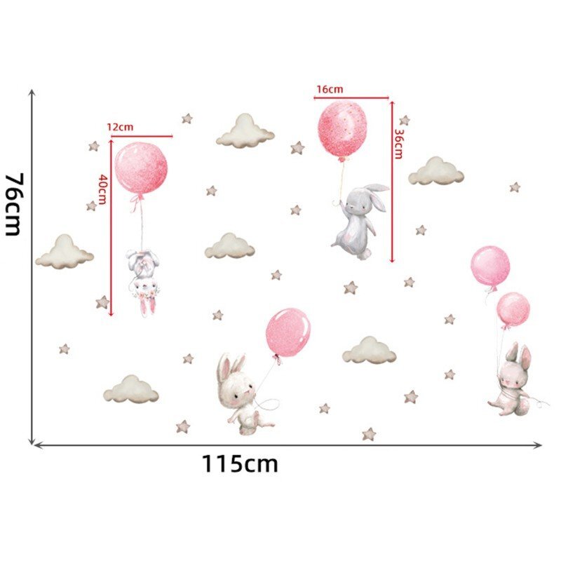 Sipo Sticker decorativ pentru copii autoadeziv Iepurasi cu baloane roz 70x49 cm