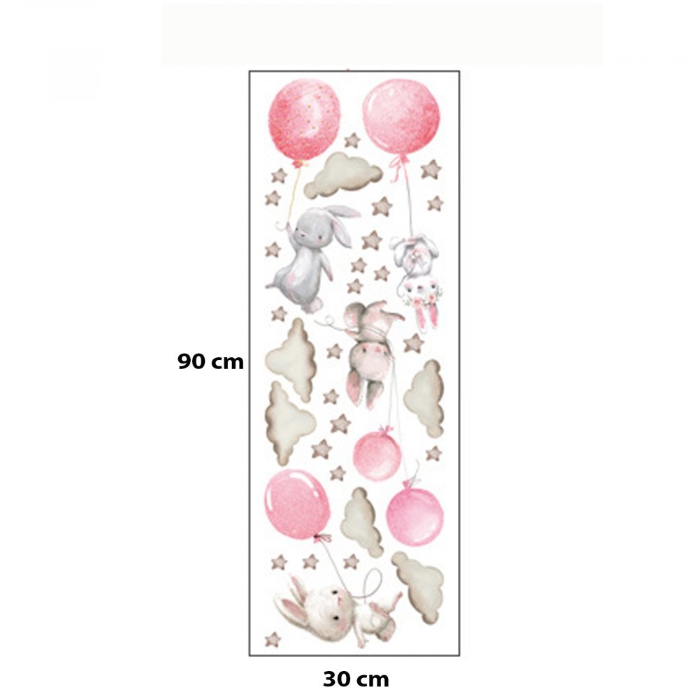 Sipo Sticker decorativ pentru copii autoadeziv Iepurasi cu baloane roz 70x49 cm