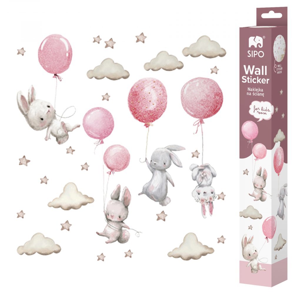 Sipo Sticker decorativ pentru copii autoadeziv Iepurasi cu baloane roz 70x49 cm