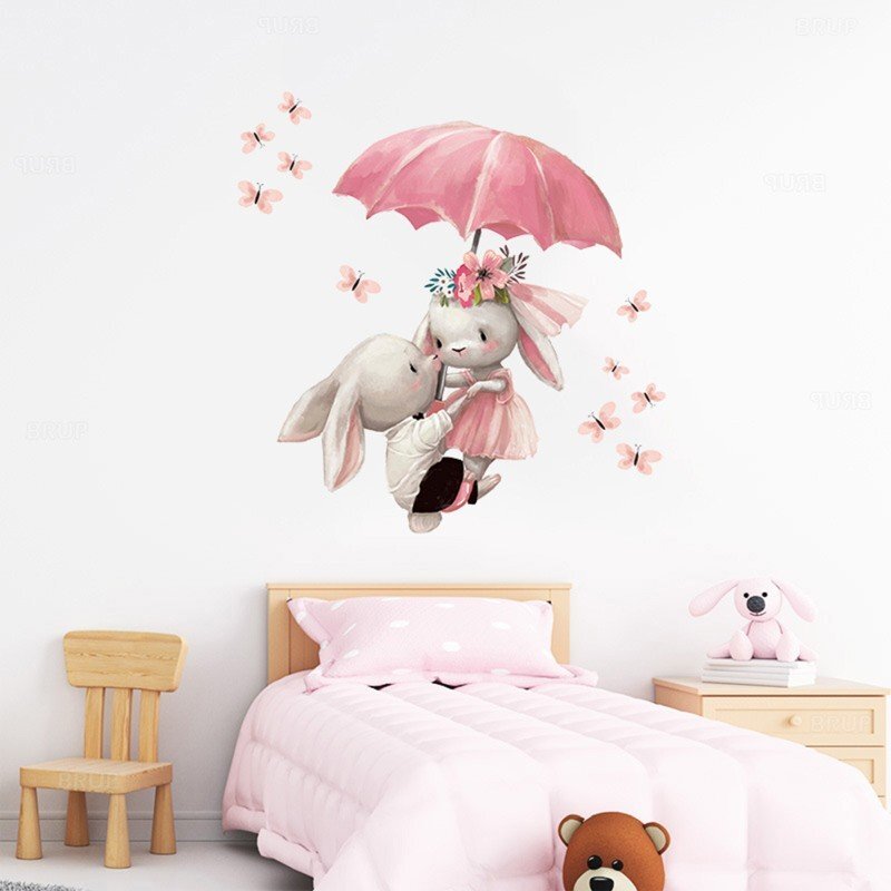 Sipo Sticker decorativ pentru copii autoadeziv Iepurasi cu umbrela 62 x 64 cm