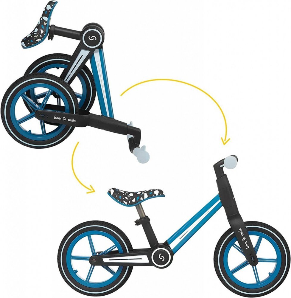 Skiddou Bicicleta copii fara pedale Ronny Denim Albastru 12 inch pliabila scaun reglabil 35.5-40 cm roata din fata are sistem de suspensii roti spuma EVA+PU ghidon reglabil pe 2 nivele de la 2 ani