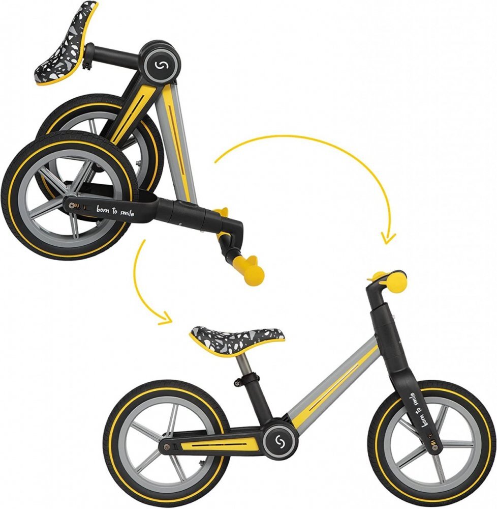 Skiddou Bicicleta copii fara pedale Ronny Yellow 12 inch pliabila scaun reglabil 35.5-40 cm roata din fata are sistem de suspensii roti spuma EVA+PU ghidon reglabil pe 2 nivele de la 2 ani