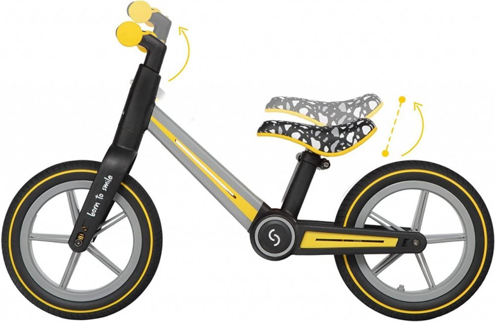 Skiddou Bicicleta copii fara pedale Ronny Yellow 12 inch pliabila scaun reglabil 35.5-40 cm roata din fata are sistem de suspensii roti spuma EVA+PU ghidon reglabil pe 2 nivele de la 2 ani