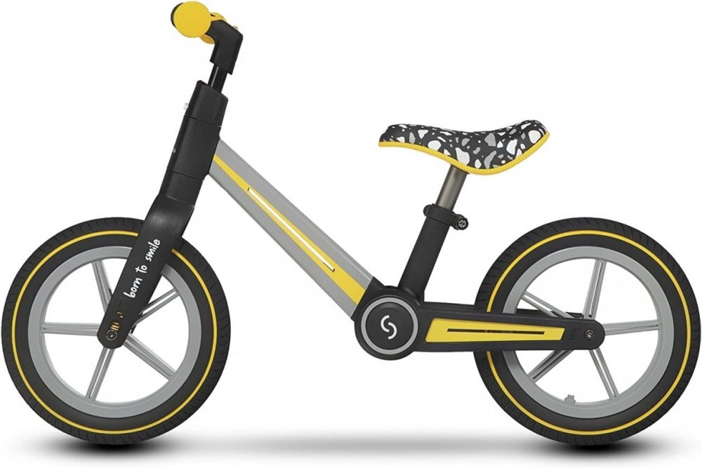Skiddou Bicicleta copii fara pedale Ronny Yellow 12 inch pliabila scaun reglabil 35.5-40 cm roata din fata are sistem de suspensii roti spuma EVA+PU ghidon reglabil pe 2 nivele de la 2 ani