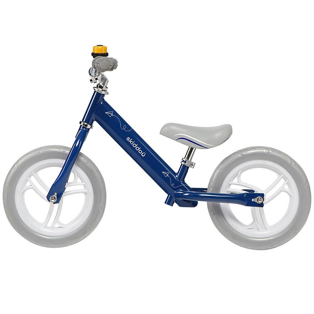 Skiddou Bicicleta fara pedale Nils Denim Bleumarin 12 inch cadru din aluminiu ultra-usoara scaun reglabil de la 33 la 39 cm roti spuma EVA+PU de la 2 ani include sonerie pentru bicicleta volan cu blocare prin rotire