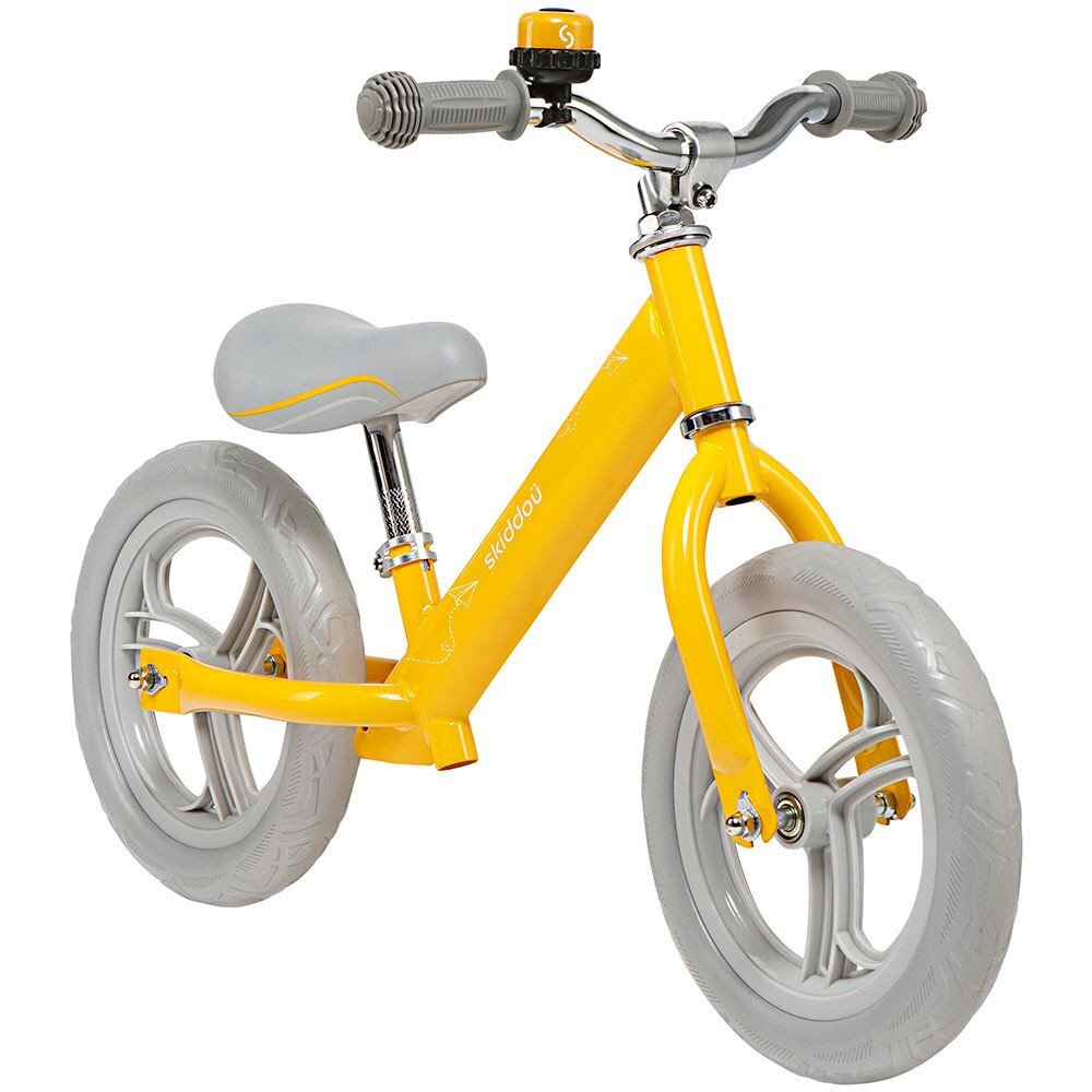 Skiddou Bicicleta fara pedale Nils Galben 12 inch cadru din aluminiu ultra-usoara scaun reglabil de la 33 la 39 cm roti spuma EVA+PU de la 2 ani include sonerie pentru bicicleta volan cu blocare prin rotire