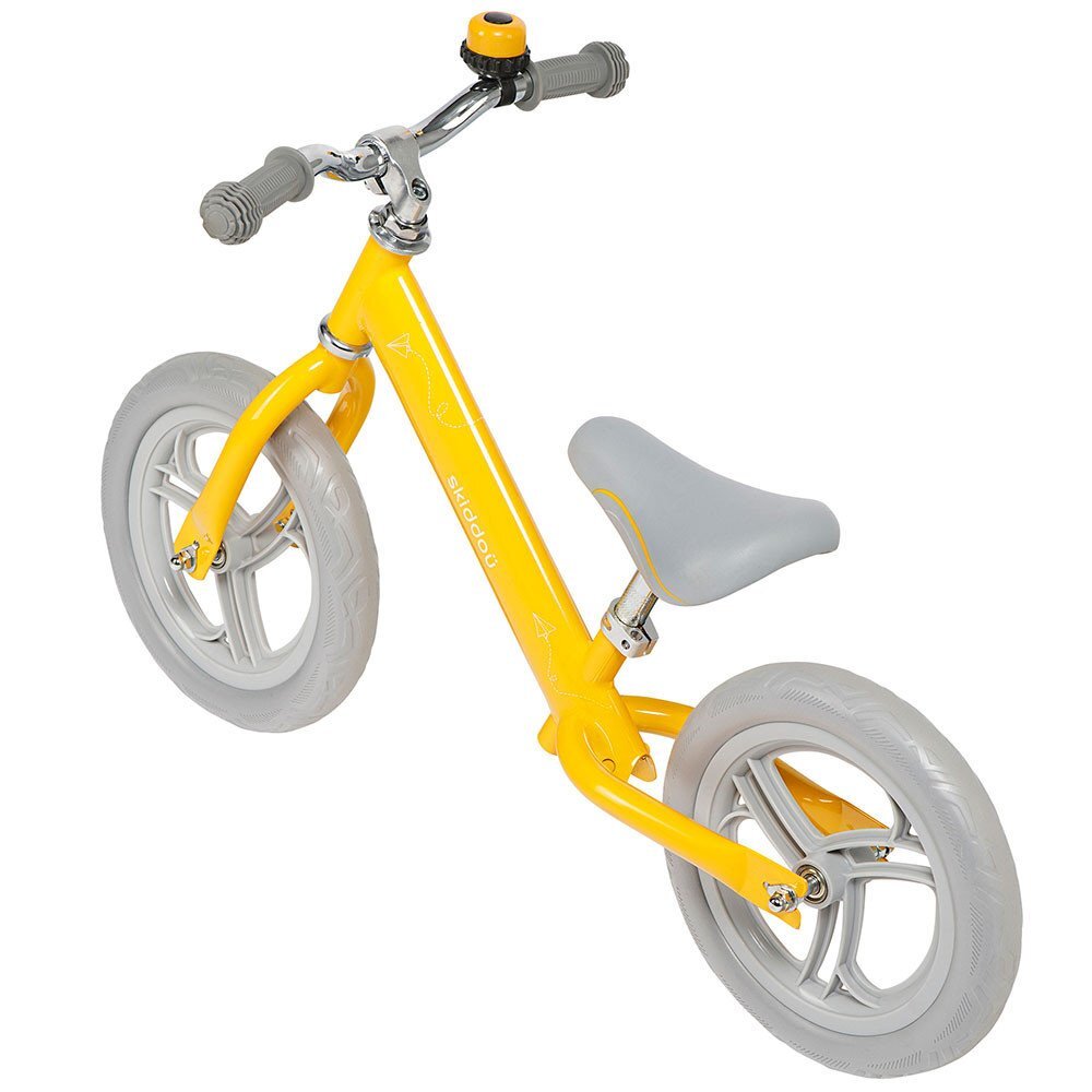 Skiddou Bicicleta fara pedale Nils Galben 12 inch cadru din aluminiu ultra-usoara scaun reglabil de la 33 la 39 cm roti spuma EVA+PU de la 2 ani include sonerie pentru bicicleta volan cu blocare prin rotire