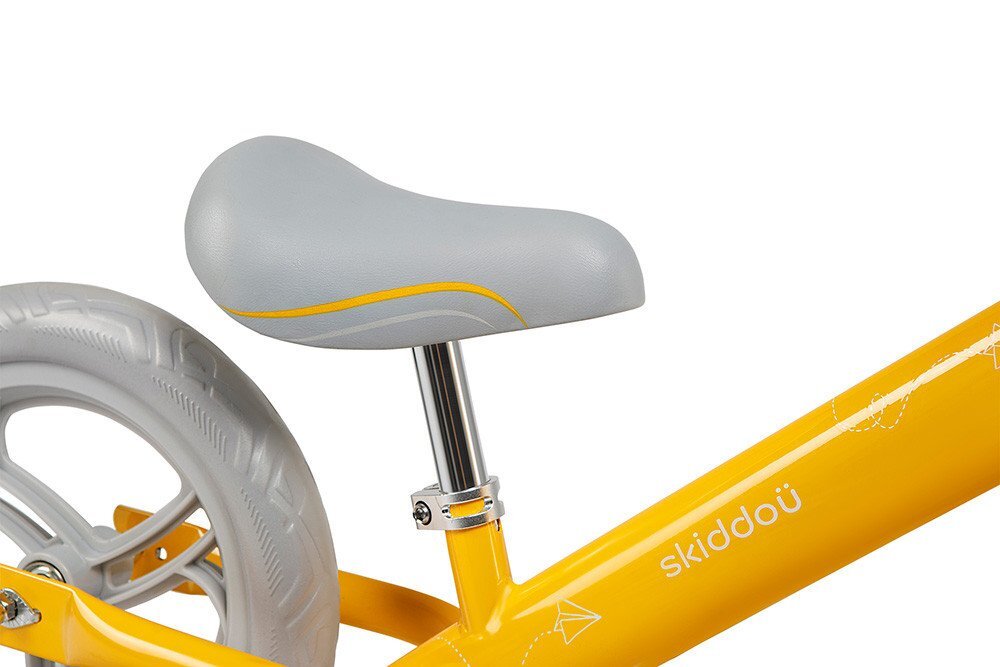 Skiddou Bicicleta fara pedale Nils Galben 12 inch cadru din aluminiu ultra-usoara scaun reglabil de la 33 la 39 cm roti spuma EVA+PU de la 2 ani include sonerie pentru bicicleta volan cu blocare prin rotire