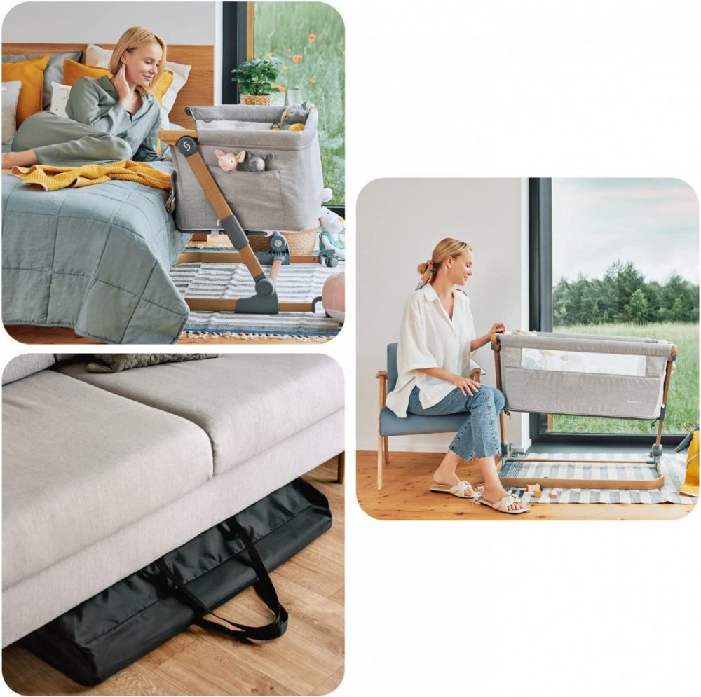 Skiddou Patut 3 in 1 co-sleeping Natt Normandic Wood wood-gri pliabil roti cu sistem de blocare laterala culisanta inaltime reglabila huse detasabile si lavabile