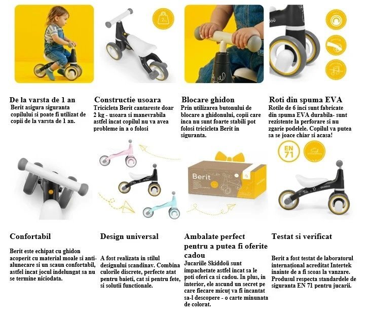 Skiddou Tricicleta pentru copii fara pedale Berit Ride-On Sky High Bleu actionata cu picioarele recomandata copiilor de la 1 an pana la 3 ani cu roti din spuma EVA