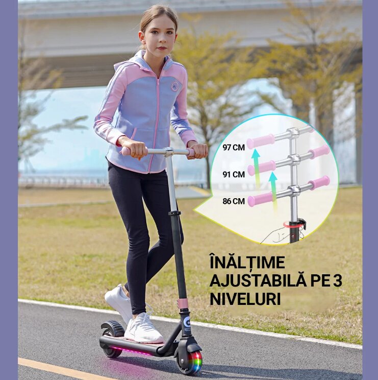 SMART TabbyBoo Trotineta electrica copii originala GentleKids PRO NegruRoz calitate superioara 2 roti de 5.5 inch 10 kmh