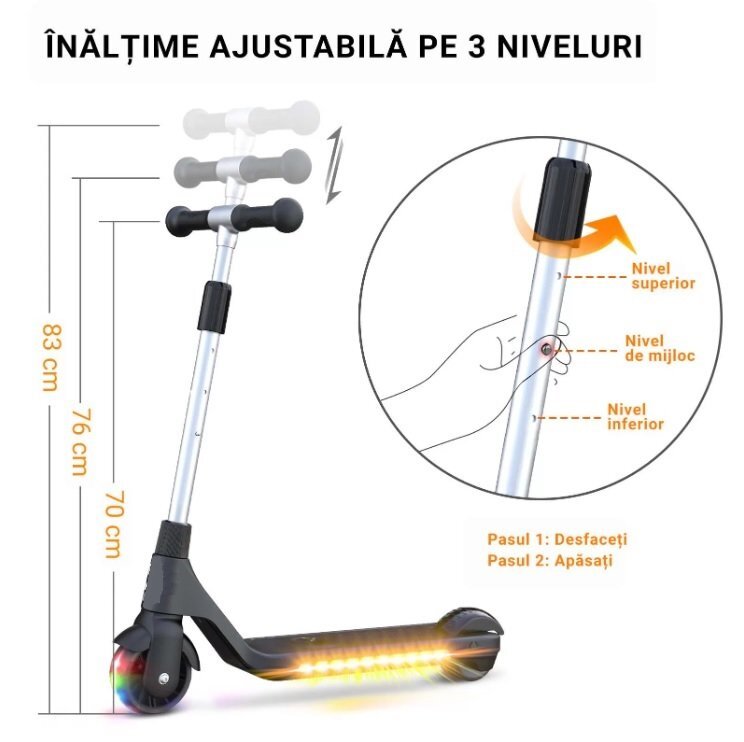 SMART TabbyBoo Trotineta electrica GentleKids rosu cu lumini LED ghidon reglabil putere 80w greutate suportata 50 kg viteza maxima 5-8 kmh varsta 3 ani+