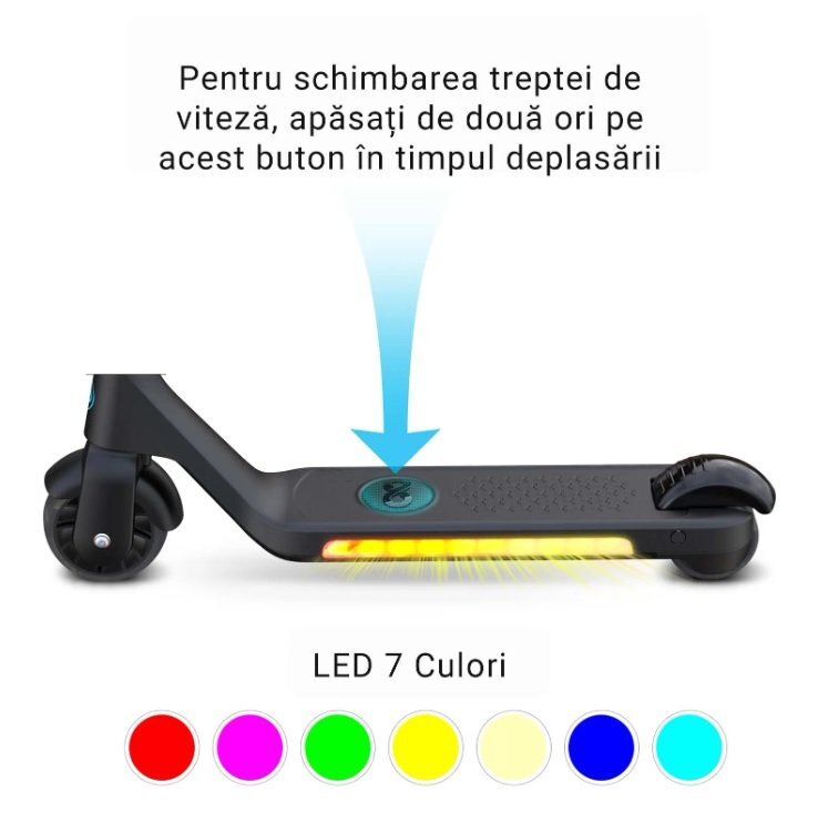 SMART TabbyBoo Trotineta electrica GentleKids roz cu lumini LED ghidon reglabil putere 80w greutate suportata 50 kg viteza maxima 5-8 kmh varsta 3 ani+