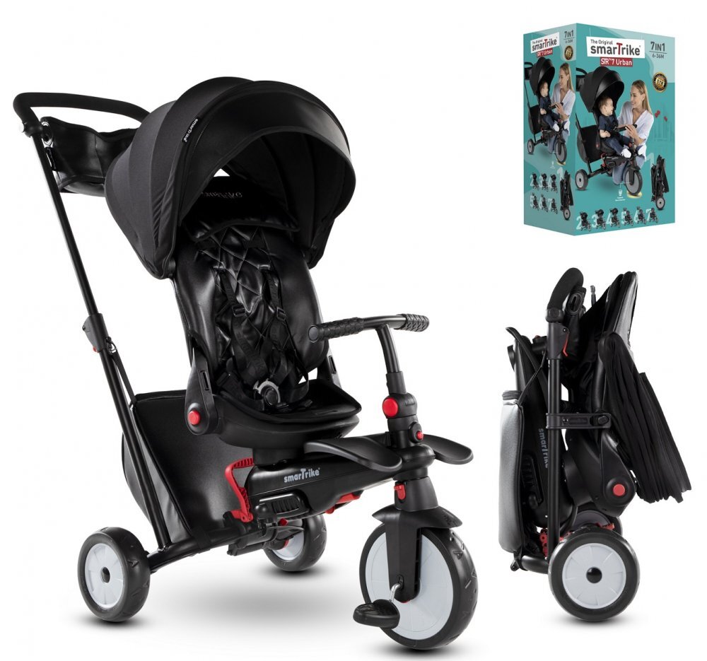 SMART TRIKE Tricicleta pentru copii 7 in 1 STR7 Urban Black ultrapliabila dotata cu roti Eva si scaun rabatabil de la 6 luni sistem patentat cu tehnologie Touch Steering sistem franare si certificare de carucior
